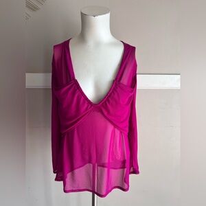 BOLD elements Sheer Deep V-Neck Long Sleeve Top in Fuchsia